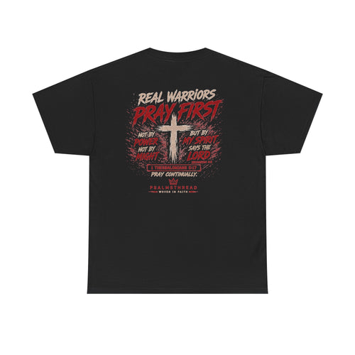 Blood Bought Victory T-Shirt — Christian Cross "Real Warriors Pray First" Tee