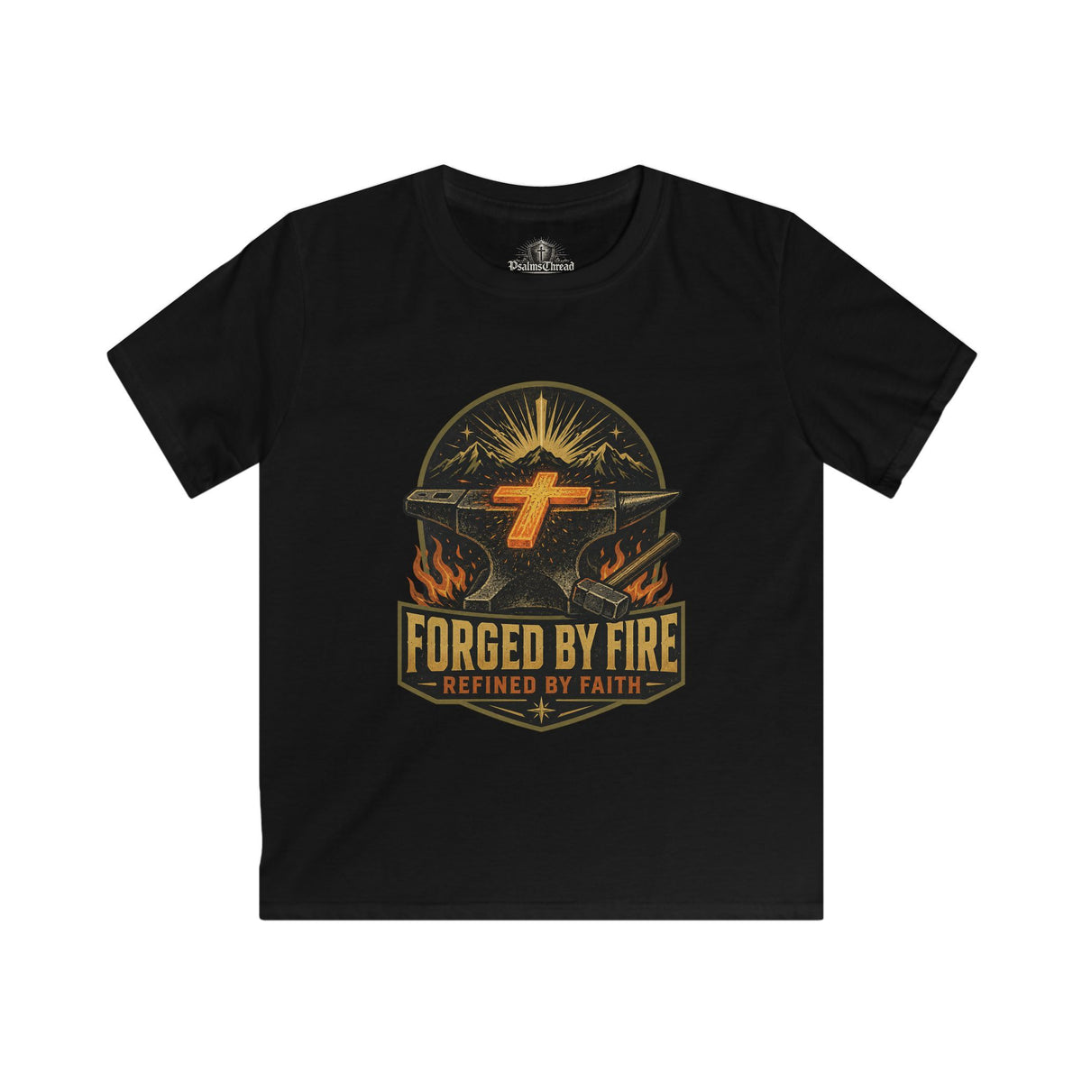 Kids Tee — "Forged by Fire, Refined by Faith" Christian Graphic Shirt